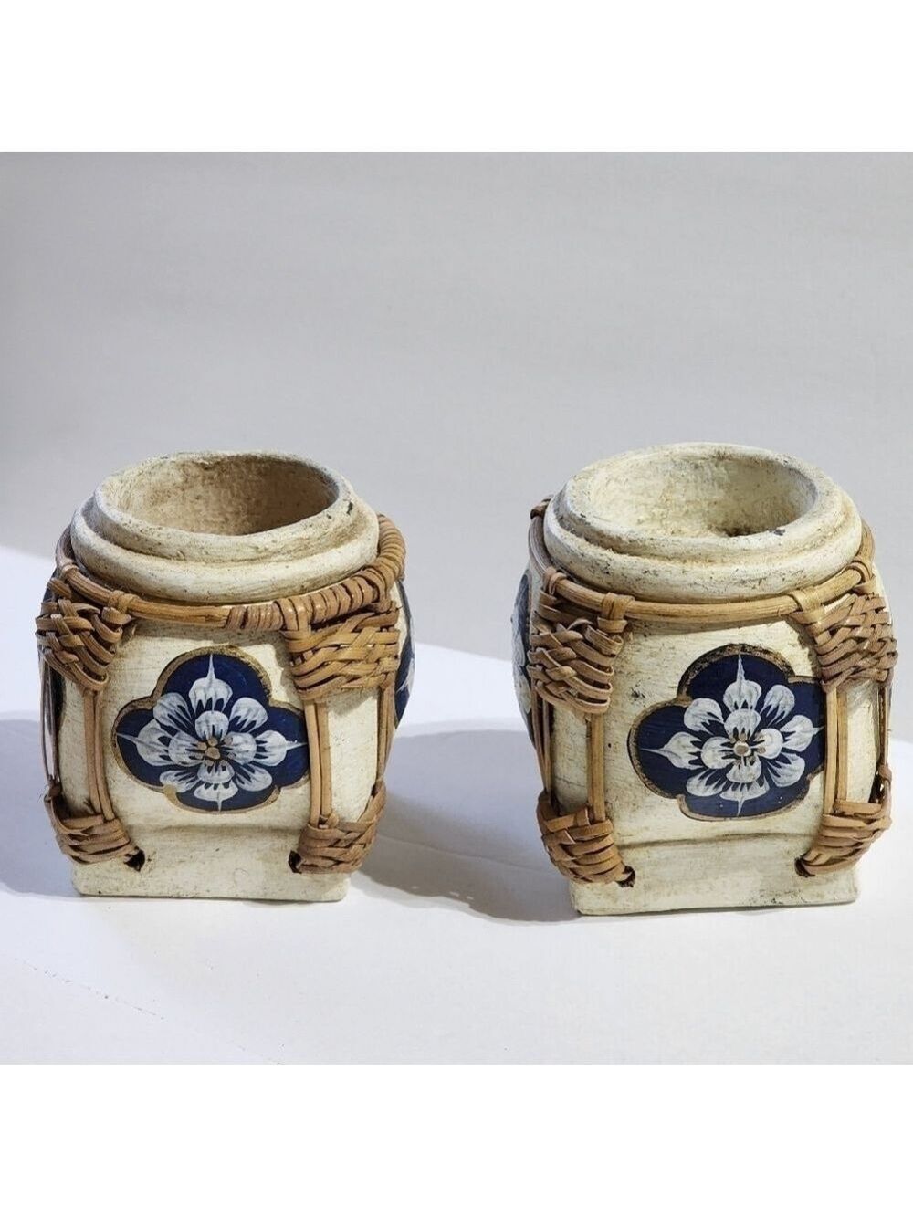 Vintage Handpainted floral bamboo candle holder set Hawaiian blue white flowers